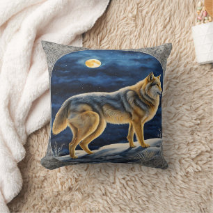 Majestic Wolf Standing Under a Full Moon Cushion