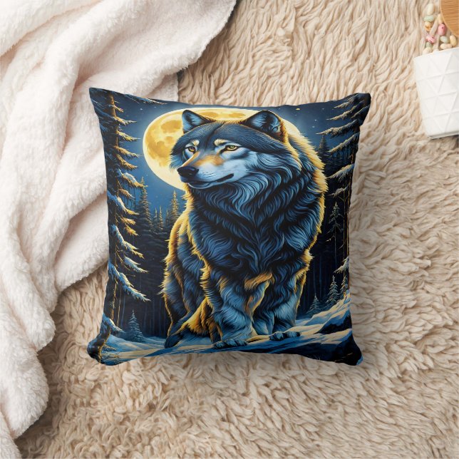 Majestic Wolf Under Full Moon.  Cushion (Blanket)