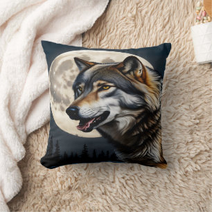 Majestic Wolf Under Full Moon. Cushion
