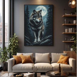 Majestic Wolf Under Full Moon Poster