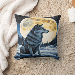 Majestic Wolf Under Full Moonlight Cushion
