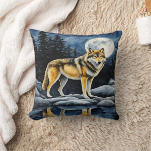 Majestic Wolf Under Full Moonlight Cushion
