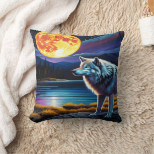 Majestic Wolf Under Glowing Full Moon at Lake Cushion
