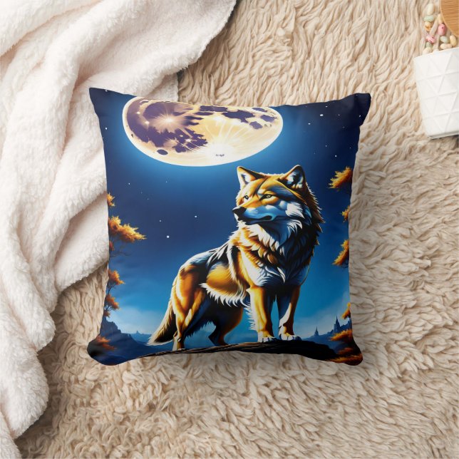 Majestic Wolf Under Glowing Full Moon Cushion (Blanket)