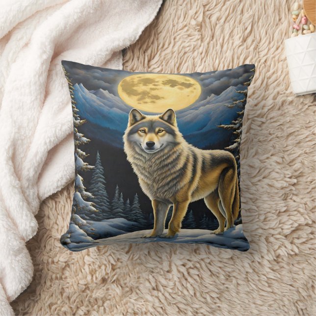 Majestic Wolf Under Moonlit Mountains Cushion (Blanket)