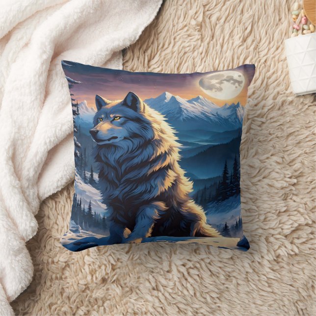 Majestic Wolf Under Moonlit Peaks. Cushion (Blanket)