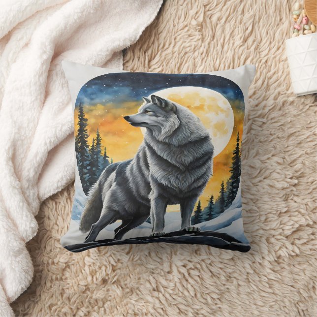 Majestic Wolf Under Moonlit Sky. Cushion (Blanket)