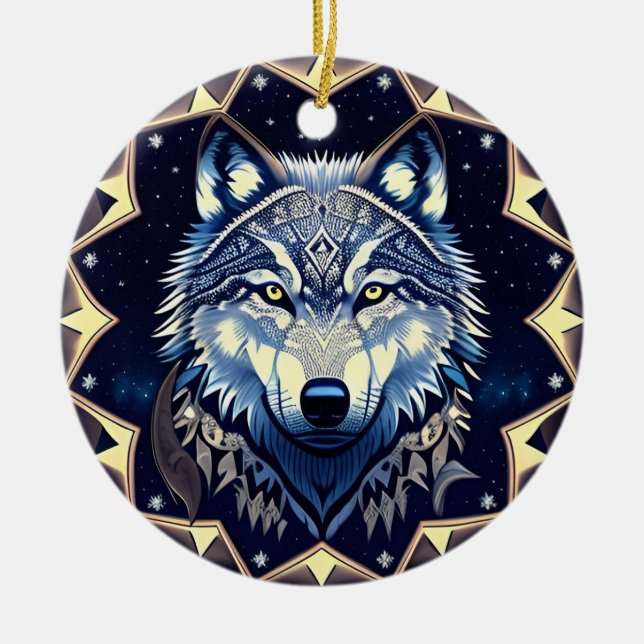 Majestic Wolf Under Starry Sky Ceramic Ornament (Front)