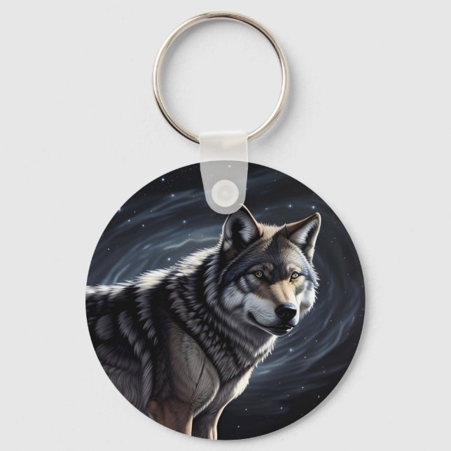 Majestic Wolf Under Starry Sky Key Ring (Front)