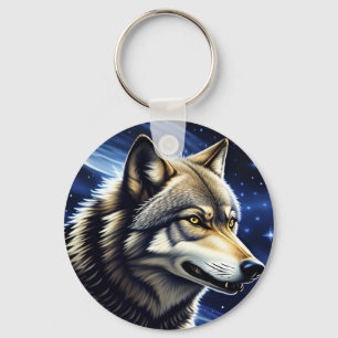 Majestic Wolf Under Starry Sky Key Ring