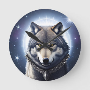 Majestic Wolf Under Starry Sky Round Clock