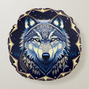 Majestic Wolf Under Starry Sky Round Cushion