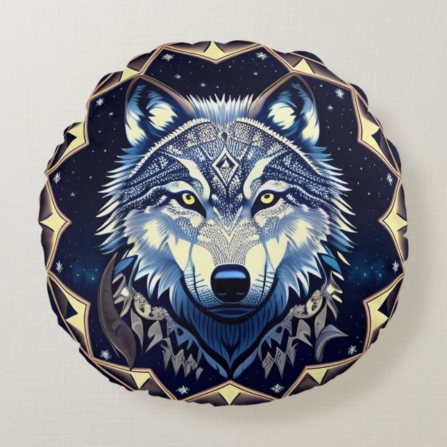 Majestic Wolf Under Starry Sky Round Cushion (Front)