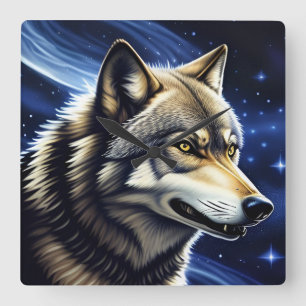Majestic Wolf Under Starry Sky Square Wall Clock