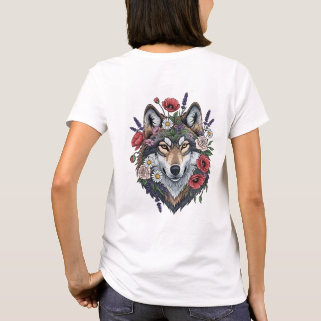 Majestic Wolf with Floral Crown - Wildlife and Nat T-Shirt (Back)