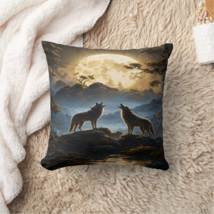 Majestic Wolves Howl Under Full Moonlight Cushion