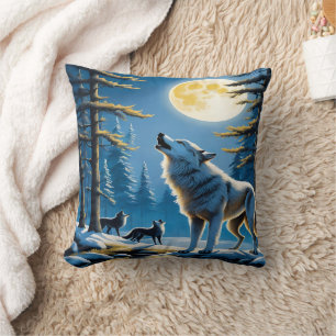 Majestic Wolves Howling Under a Full Moon Cushion