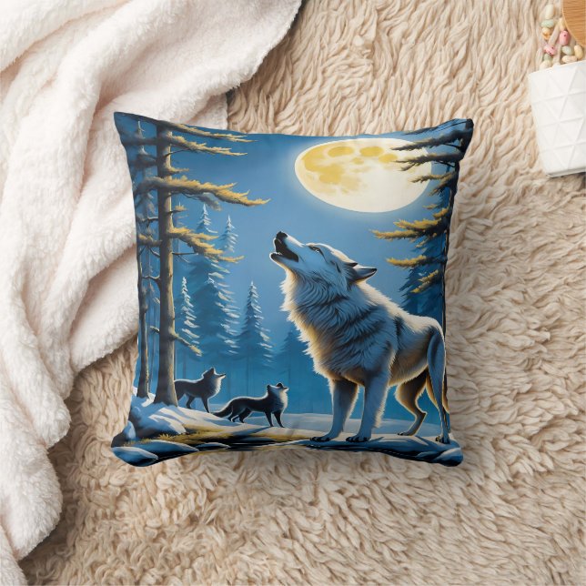Majestic Wolves Howling Under a Full Moon Cushion (Blanket)