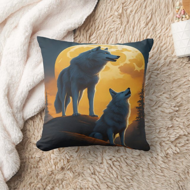 Majestic Wolves Howling Under Full Moonlight Cushion (Blanket)