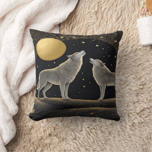 Majestic Wolves Howling Under Midnight Moon Cushion