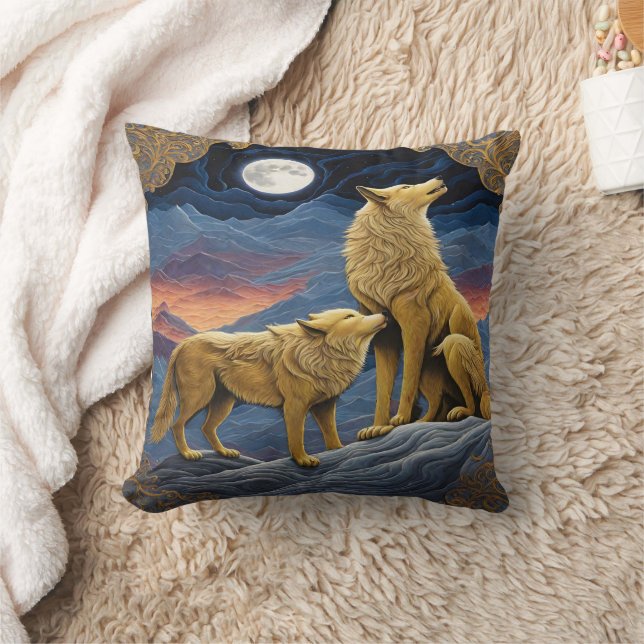 Majestic Wolves Howling Under Moonlit Sky Cushion (Blanket)