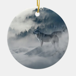 Majestic Wolves in the Forest Mist Ceramic Ornament