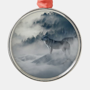 Majestic Wolves in the Forest Mist Metal Tree Decoration