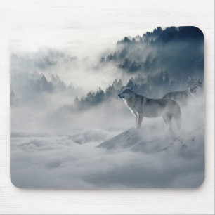 Majestic Wolves in the Forest Mist Mouse Pad