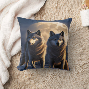 Majestic Wolves Under a Full Moon at Dusk Cushion