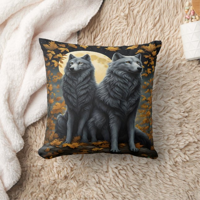 Majestic Wolves Under a Full Moon at Night Cushion (Blanket)