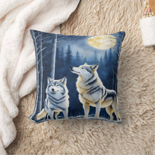 Majestic Wolves Under a Full Moonlit Sky Cushion