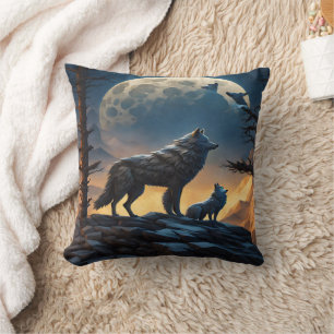 Majestic Wolves Under Full Moon. Cushion