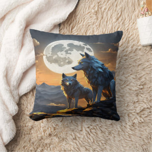 Majestic Wolves Under Full Moon. Cushion