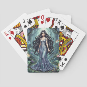 Majestic woman with silver dress playing cards