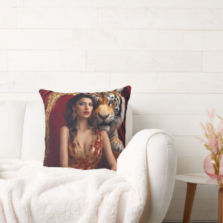 Majestic Woman with Tiger/Luxury Fantasy Art Cushion