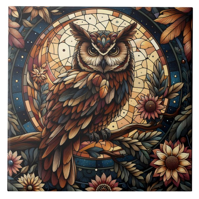 Majestic Woodland Brown Owl Stained Glass  Ceramic Tile (Front)