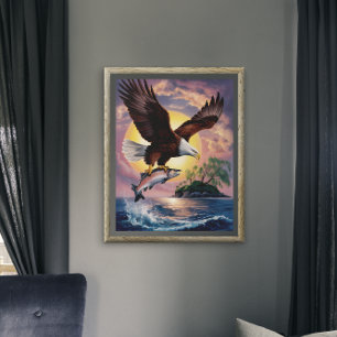 Majesty in Flight: Eagle Soaring Above Fish Poster