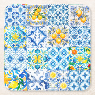 Majolica,lemon ,Sicilian tiles, Square Paper Coaster