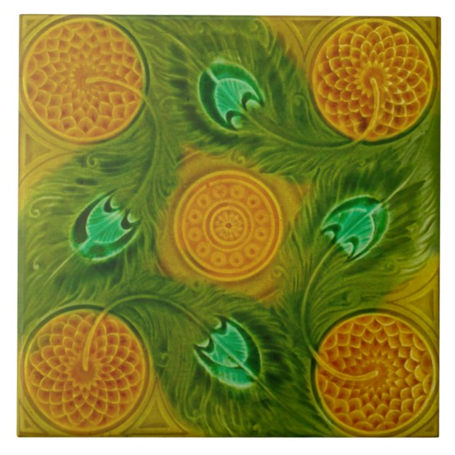Majolica Nouveau Peacock Feathers Repro Antique Ceramic Tile (Front)