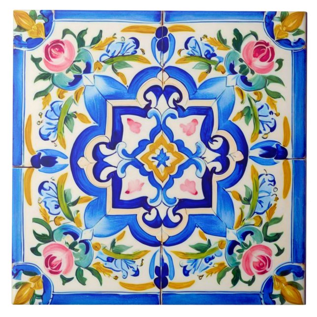 Majolica Roses Pattern Ceramic Tile (Front)