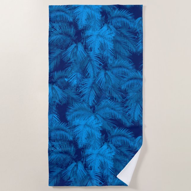 Makana Palms Hawaiian Tropical Leaves Blue Beach Towel (Front)