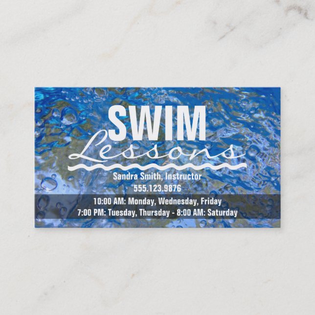 Make a Splash Sparkling Blue Water Swim Lessons Business Card (Front)