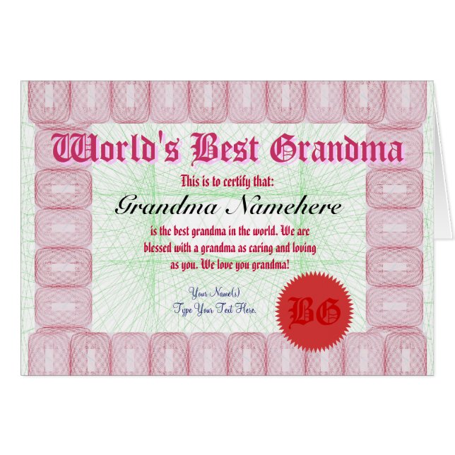 Make a World's Best Grandma Certificate Award Card (Front Horizontal)