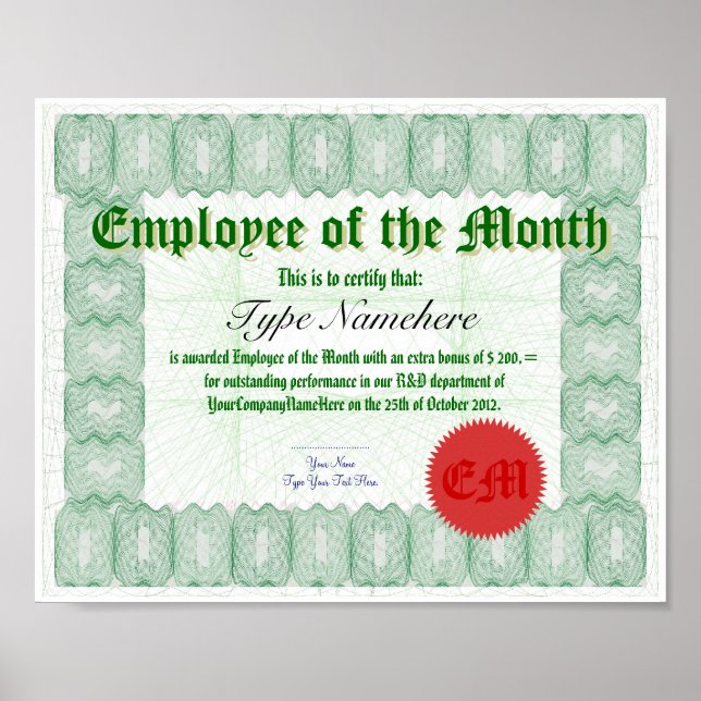 Make an Employee of the Month Certicate Award Poster (Front)