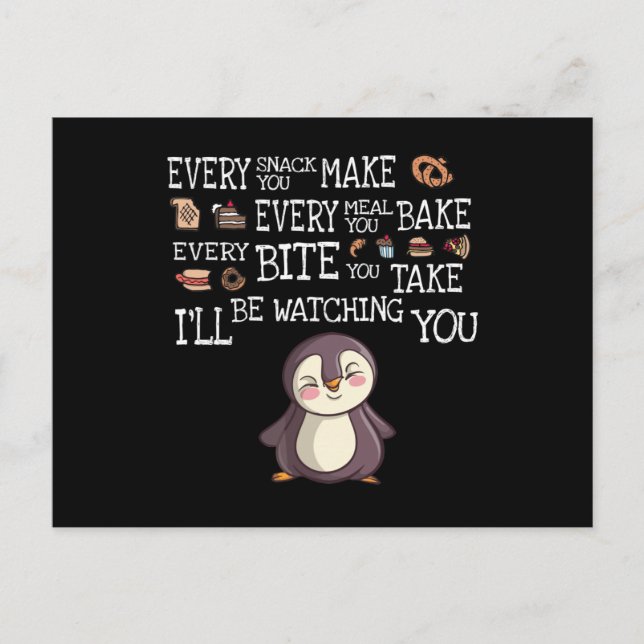 Make, Bake, Bite, Take Penguin Postcard (Front)