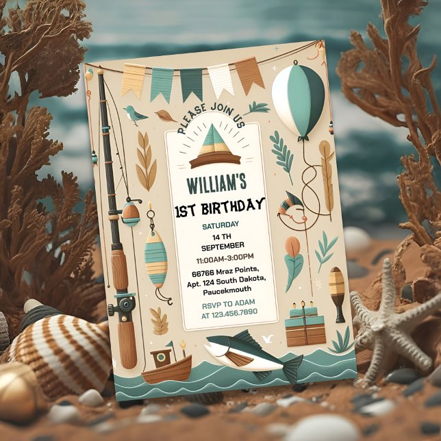 make boat cute boy Fish ofishally one 1st Birthday Invitation (Creator Uploaded)