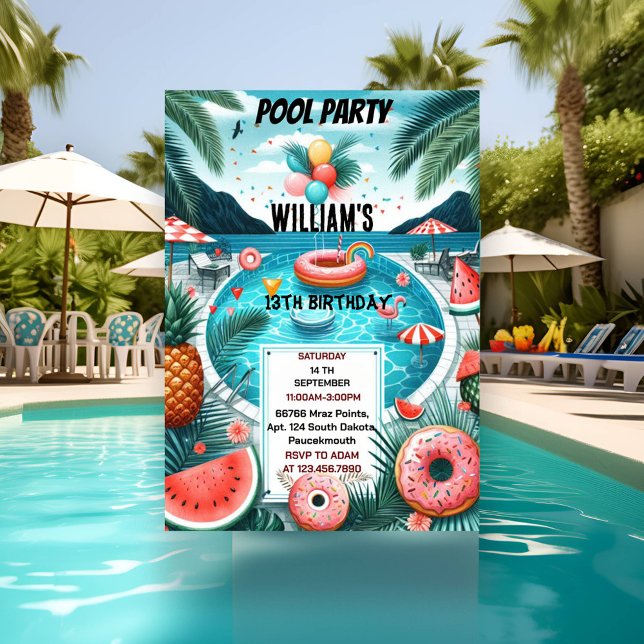 make boy water blue Cool Pool Party 13th Birthday Invitation (Creator Uploaded)
