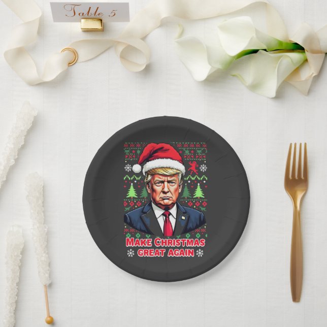 Make Christmas Great Again Ugly Xmas Sweater trump Paper Plate (Wedding)