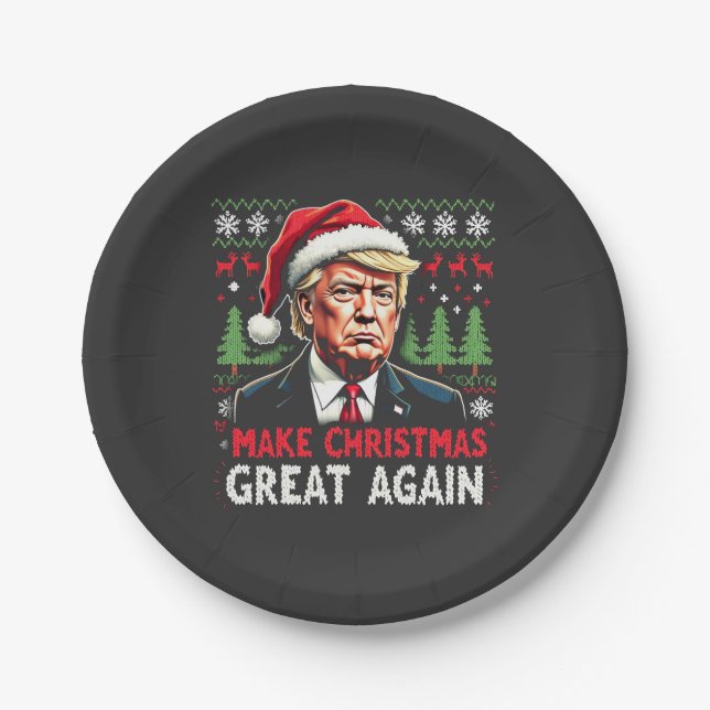 Make Christmas Great Again Ugly Xmas Sweater Trump Paper Plate (Front)