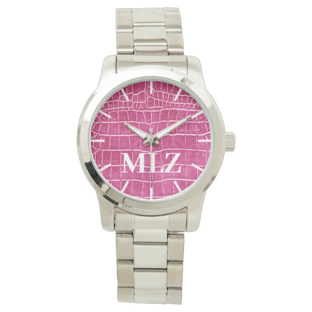 Make Custom Monogram Hot Pink Faux Crocodile Watch (Front)
